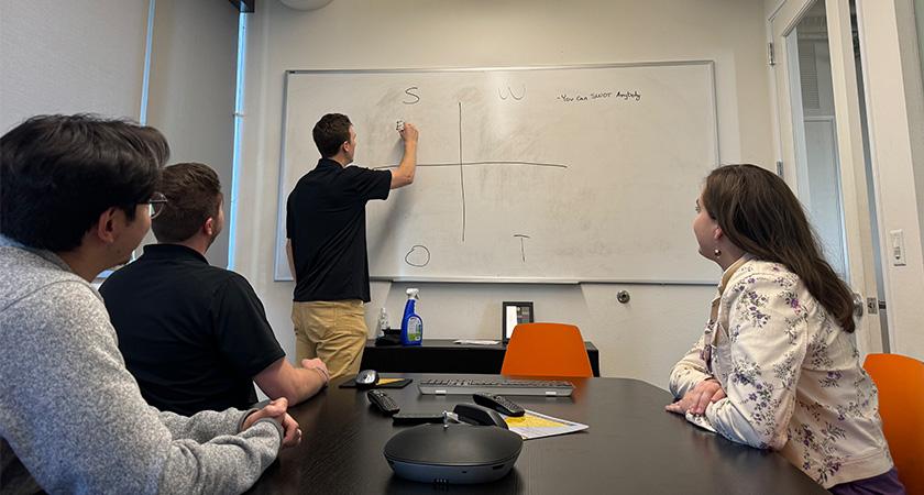 A Marketing team collaborating on a whiteboard